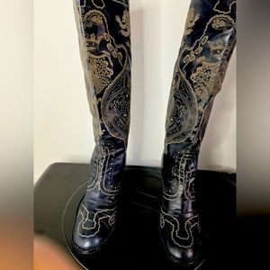 Anthropologie Navy Blue Leather embroidered boots